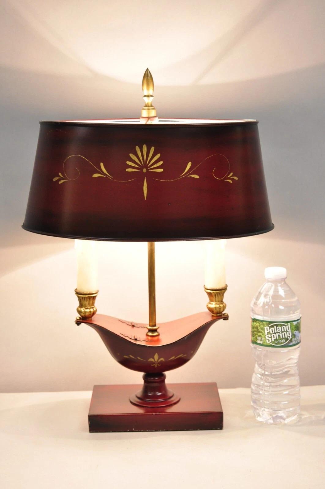 Vintage French Empire Red Painted Tole Metal Bouillotte Table Desk Lamp with Gold Gilt Painted Details. Circa Mid 20th Century. Measurements: 18