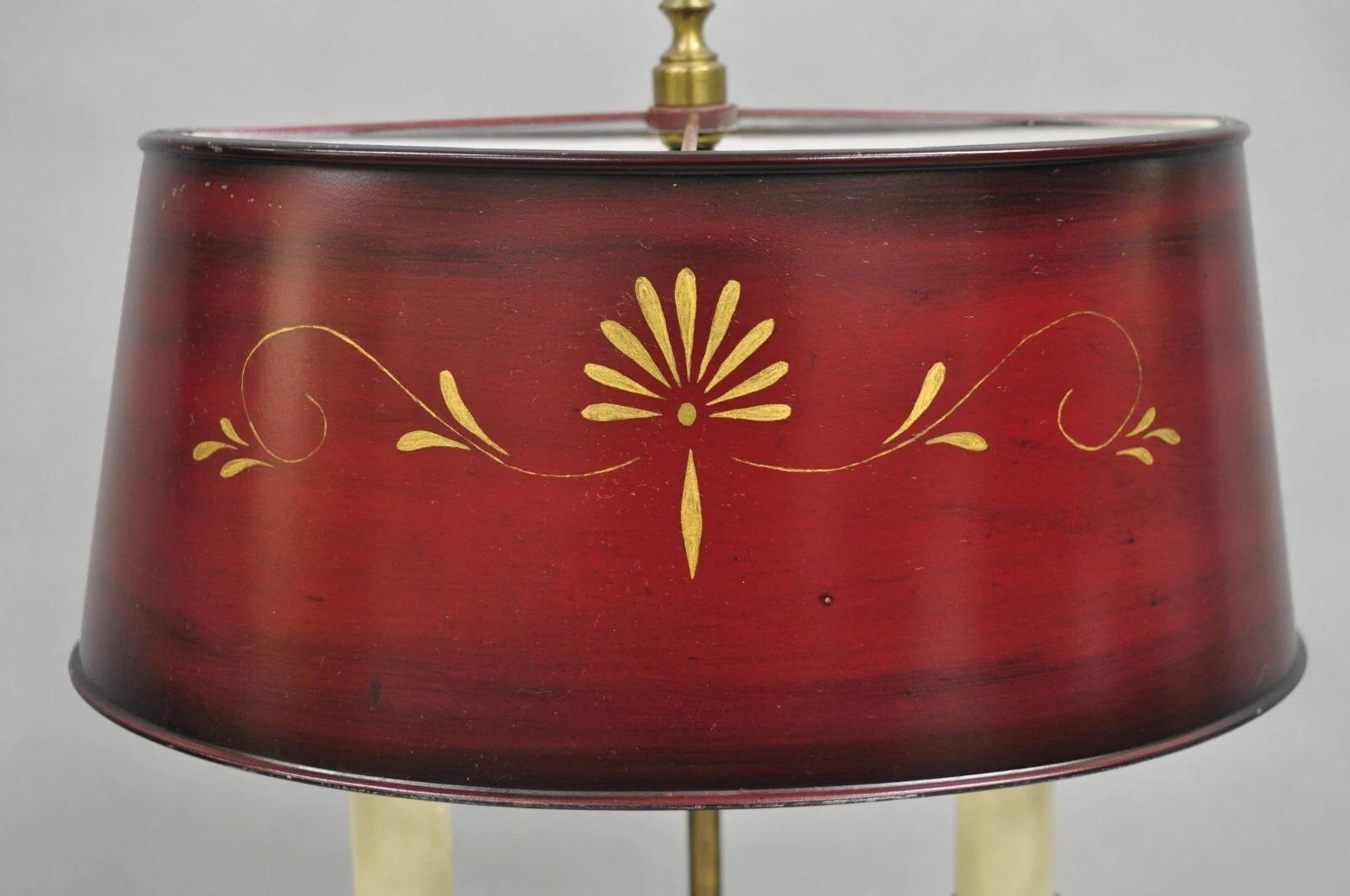 Unknown Vintage French Empire Red Painted Tole Metal Bouillotte Desk Table Lamp w/ Shade For Sale
