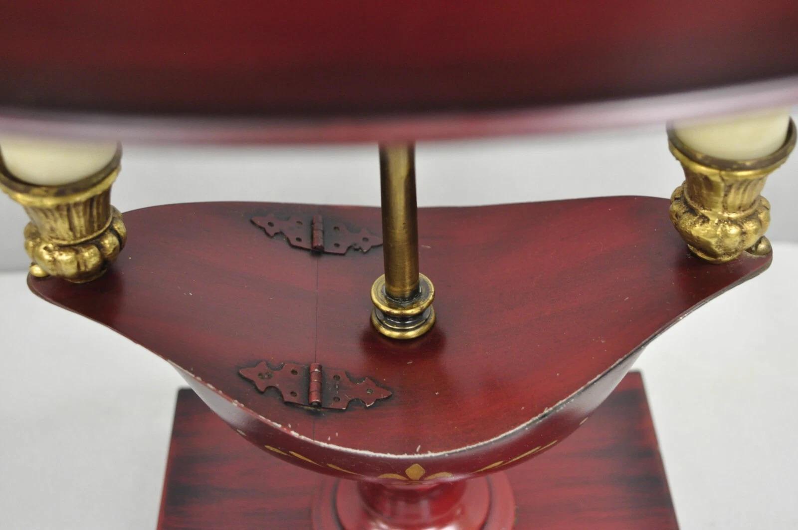 20th Century Vintage French Empire Red Painted Tole Metal Bouillotte Desk Table Lamp w/ Shade For Sale