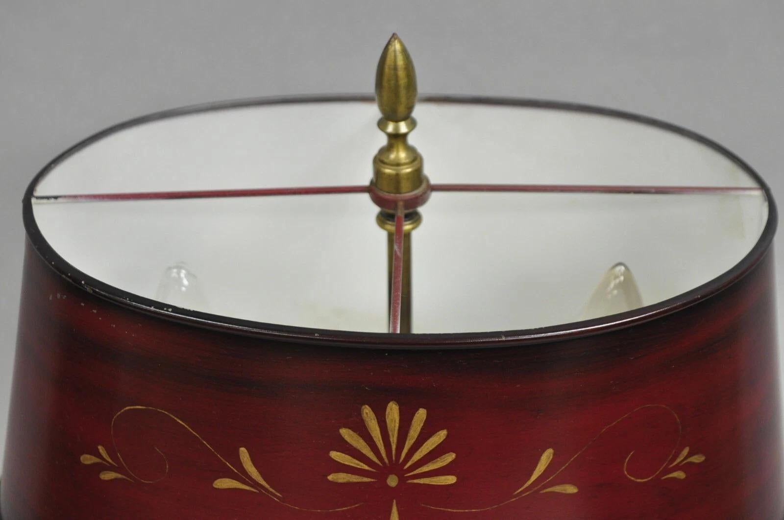 Vintage French Empire Red Painted Tole Metal Bouillotte Desk Table Lamp w/ Shade For Sale 1