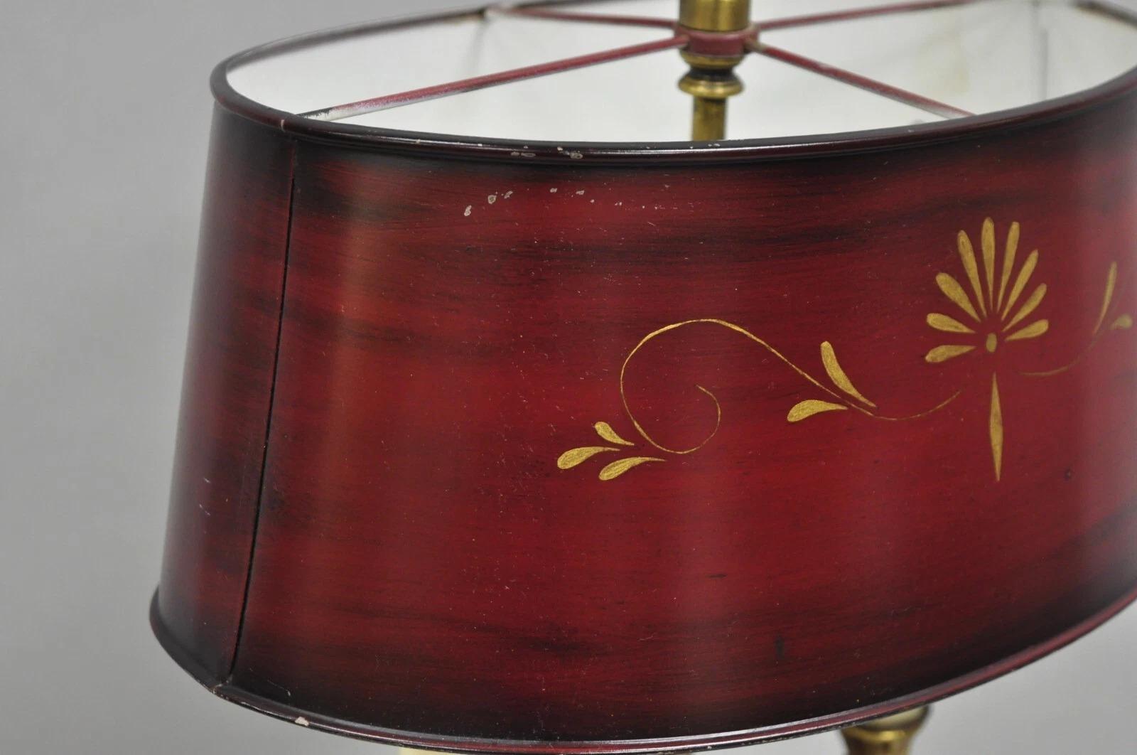 Vintage French Empire Red Painted Tole Metal Bouillotte Desk Table Lamp w/ Shade For Sale 3