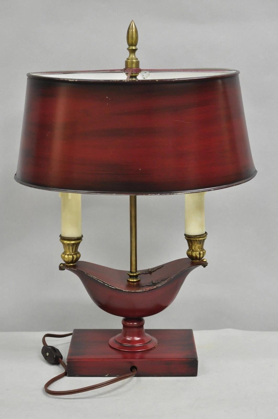 Vintage French Empire Red Painted Tole Metal Bouillotte Desk Table Lamp w/ Shade For Sale 4
