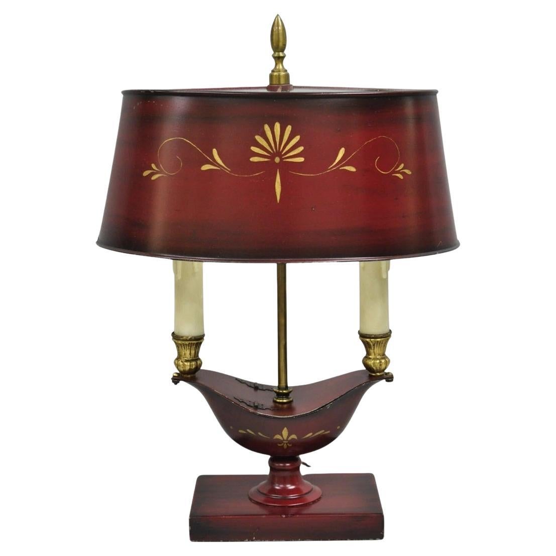 Vintage French Empire Red Painted Tole Metal Bouillotte Desk Table Lamp w/ Shade For Sale