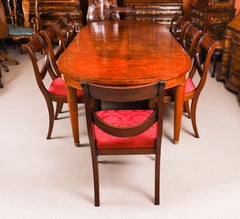 Vintage French Empire Revival Burr Walnut Dining Table & 10 Chairs 20th Century