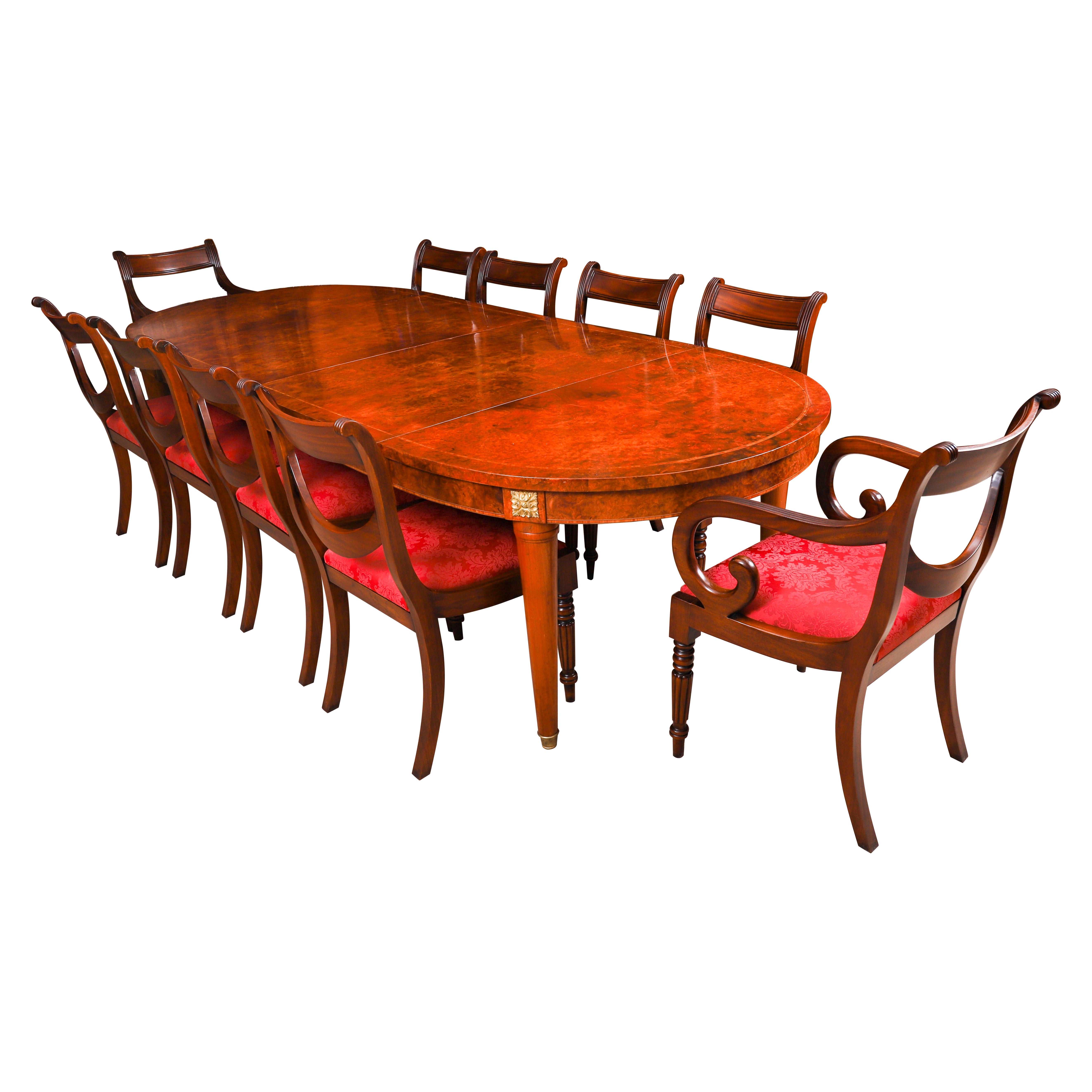 Tavolo da pranzo in radica di noce vintage stile Impero Revival francese e 10 sedie XX secolo in vendita