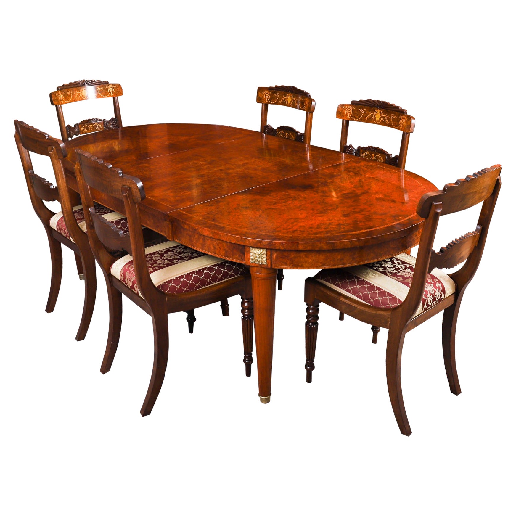 Vintage French Empire Revival Burr Walnut Dining Table 
6 Chairs 20th Century