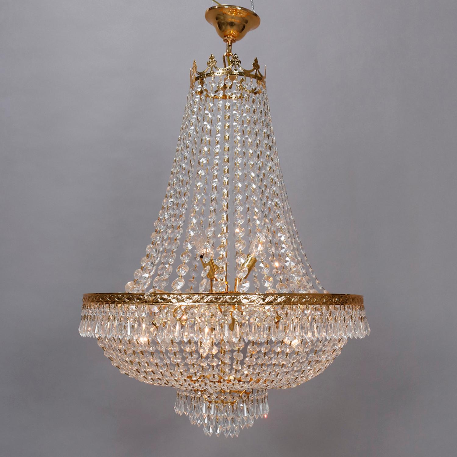 20th Century Vintage French Empire Sac a Pearl Crystal and Gilt Metal Chandelier