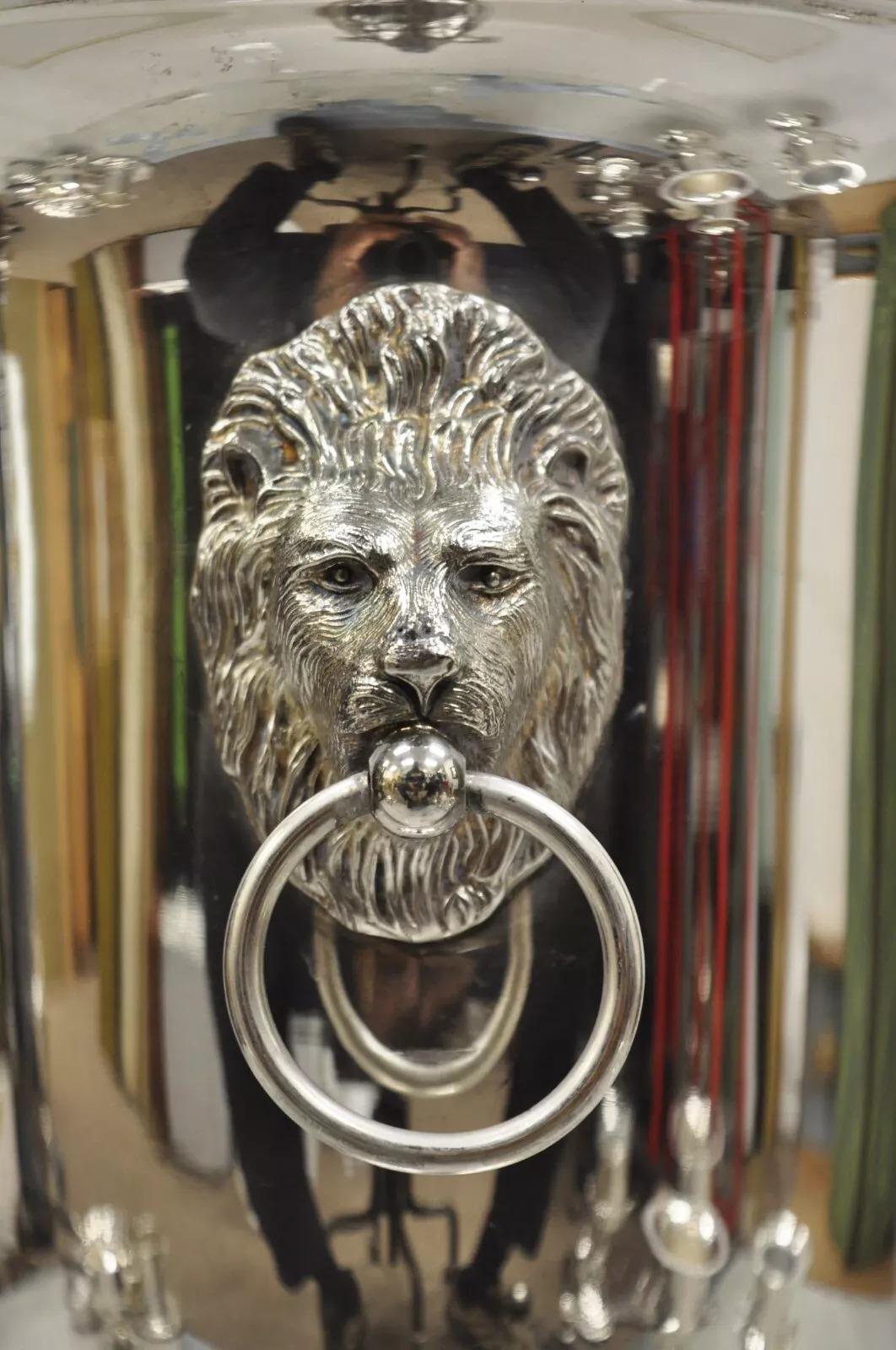 Vintage French Empire Style Silver Plated Champagne Chiller Ice Bucket with Lion Head Drop Rings. Circa Mid 20th Century. Measurements: 9.5