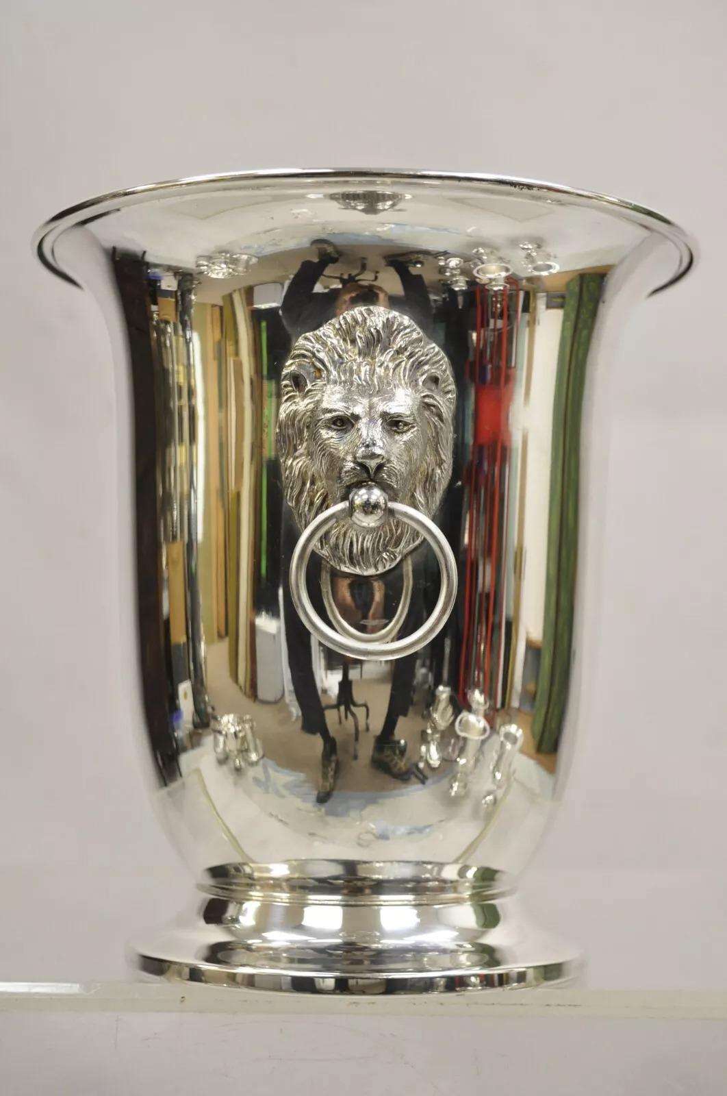 Vintage French Empire Silver Plated Champagne Chiller Ice Bucket w/ Lion Heads For Sale 4