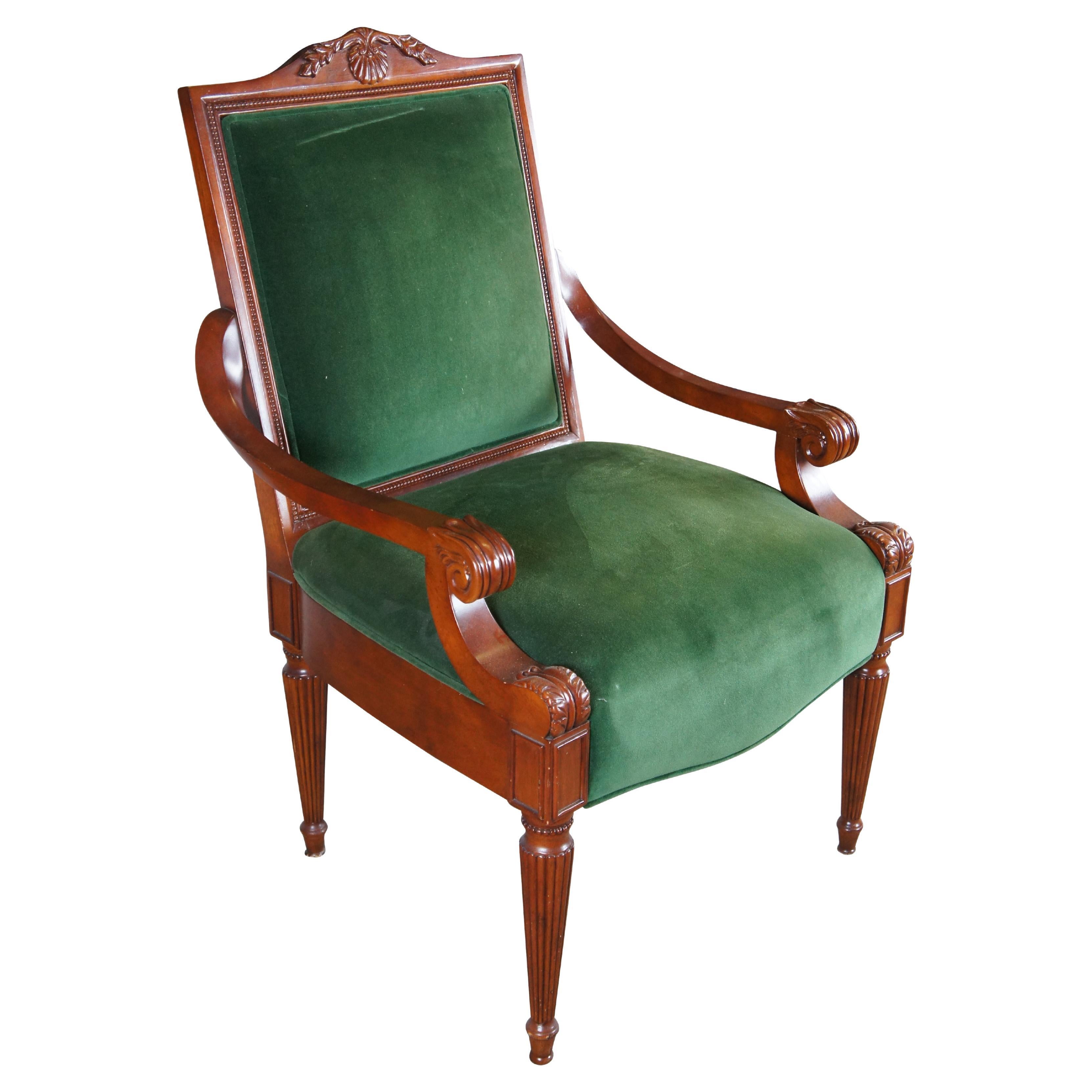 Vintage French Empire Style Birch Upholstered Library Accent Arm Chair Green