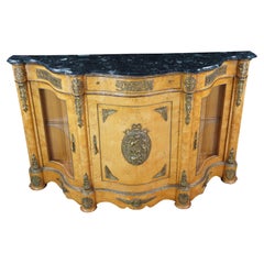 Vintage French Empire Style Birdseye Maple Ormolu Sideboard Display Cabinet 69"