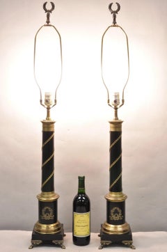 Vintage French Empire Style Black Column Brass Ormolu Bouillotte Table Lamp Pair
