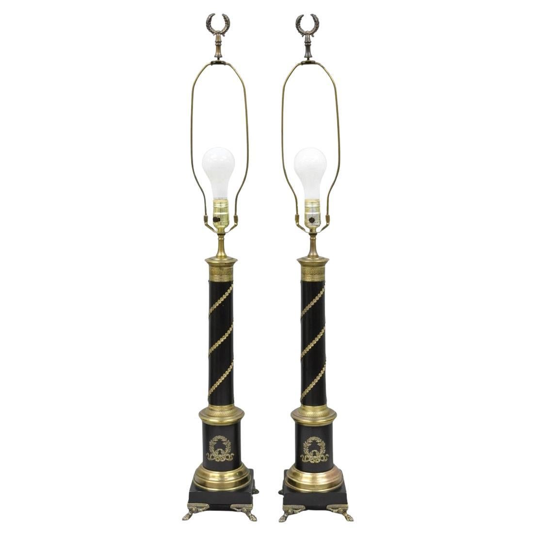 Vintage French Empire Style Black Column Brass Ormolu Bouillotte Table Lamp Pair