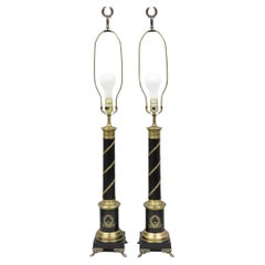 Vintage French Empire Style Black Column Brass Ormolu Bouillotte Table Lamp Pair