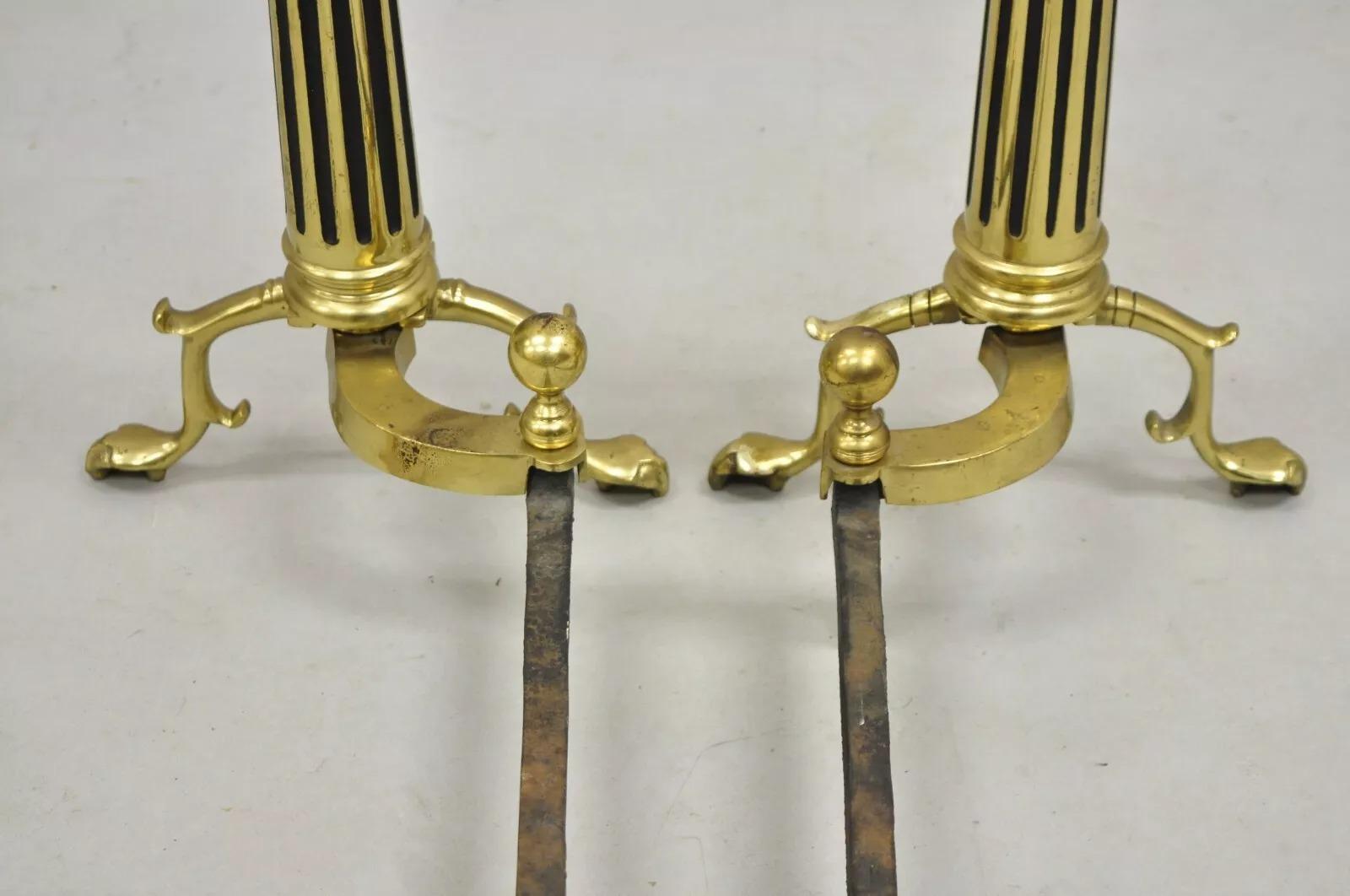 Vintage francese in stile Impero, colonna a palla di cannone in ottone con piede a ramo Andirons in vendita 4