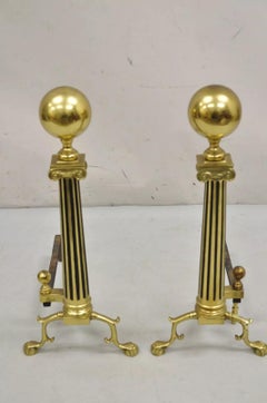 Vintage French Empire Style Brass Cannonball Column Form Branch Foot Andirons