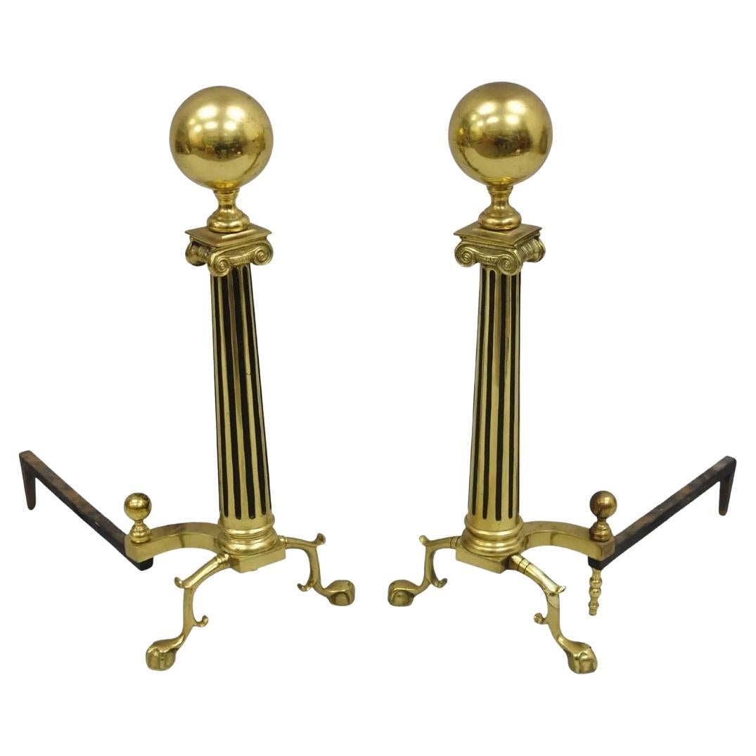 Vintage Französisch Empire-Stil Messing Cannonball Säule Form Branch Fuß Andirons