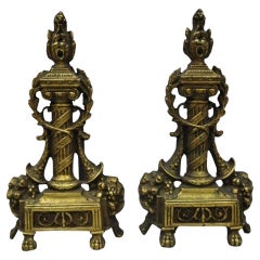 Vintage French Empire Style Brass Column & Flame Finial 13" Andirons - a Pair