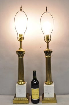 Vintage French Empire Style Brass Corinthian Column Marble Base Table Lamps Pair