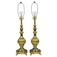 Vintage French Empire Style Burnished Brass Column Paw Foot Table Lamps - a Pair