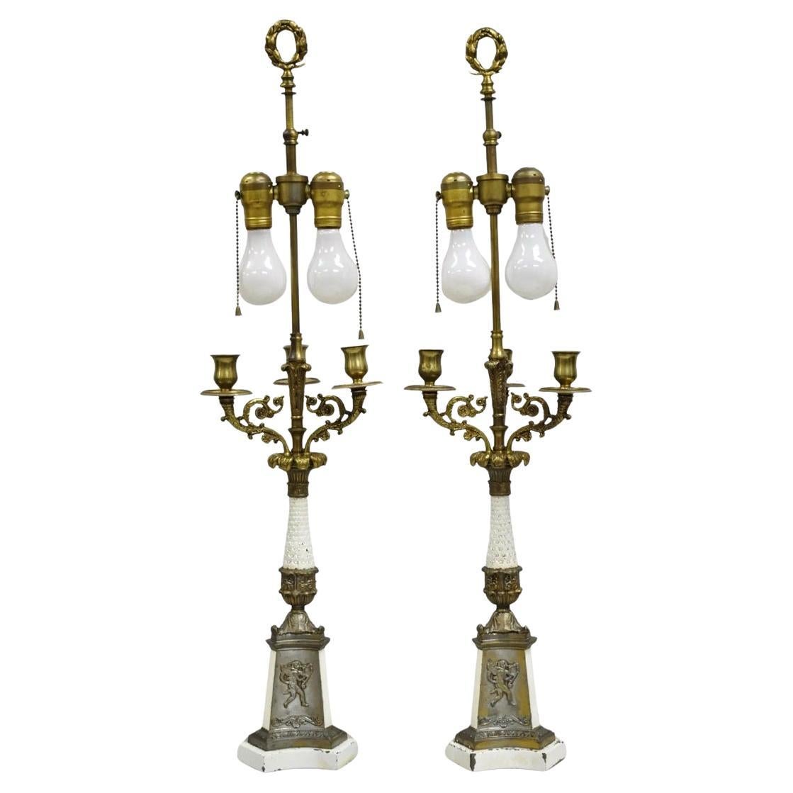 Vintage French Empire Style Candlestick Candelabra Brass Table Lamps - a Pair