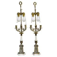 Vintage French Empire Style Candlestick Candelabra Brass Table Lamps - a Pair