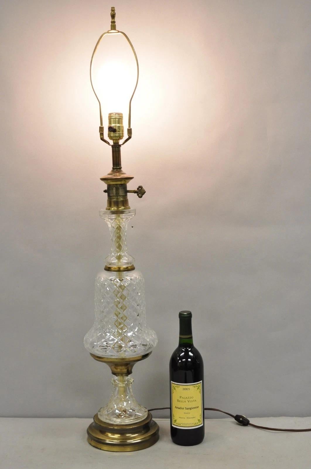 Vintage French Empire Style Crystal Glass Pineapple Column Brass Table Lamp. Circa Mid 20th Century. Measurements: 37