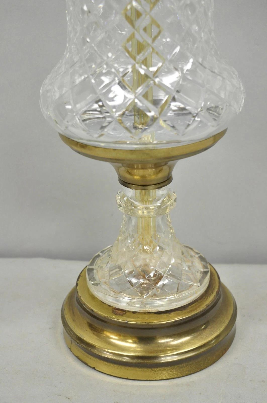 20th Century Vintage French Empire Style Crystal Glass Pineapple Column Brass Table Lamp For Sale