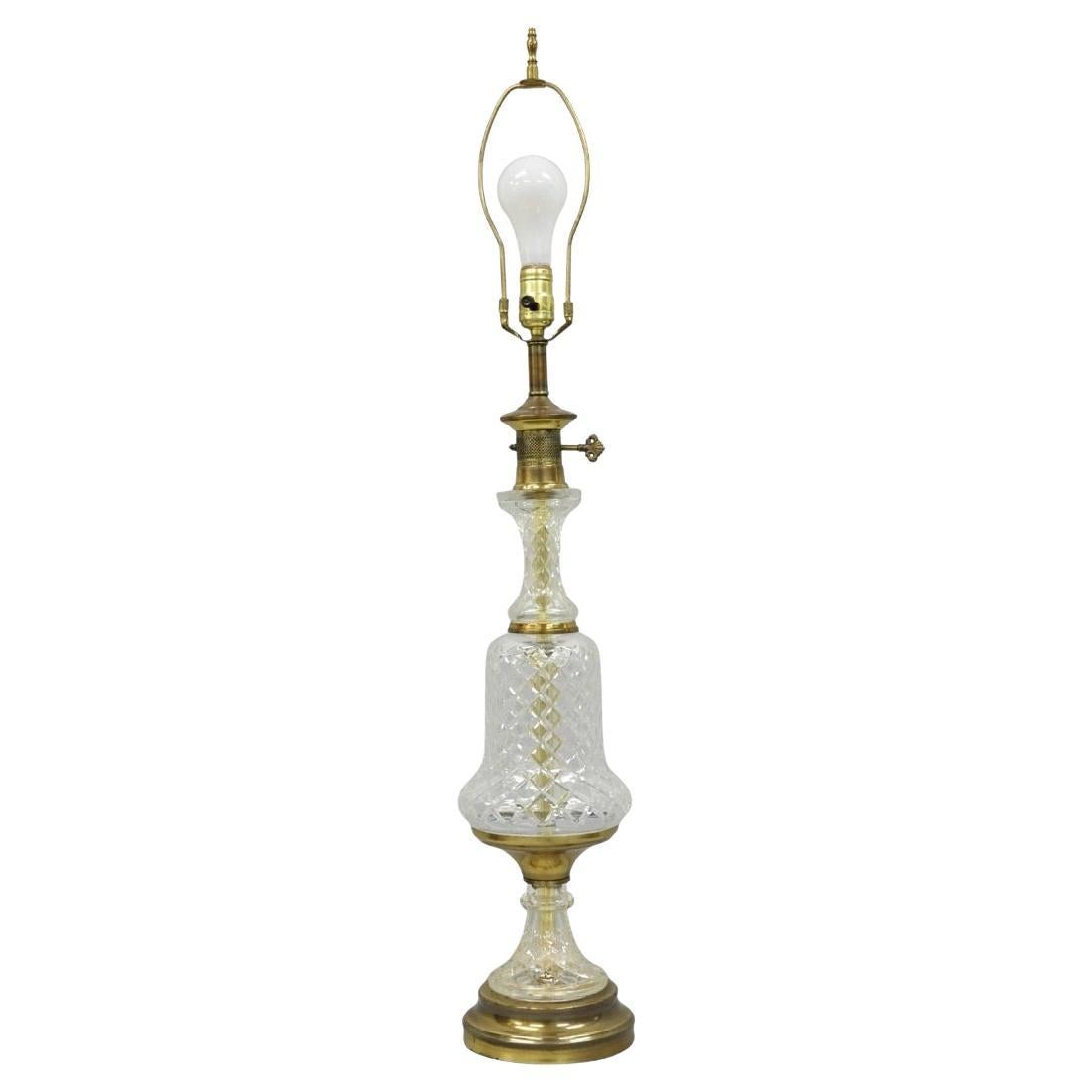 Vintage French Empire Style Crystal Glass Pineapple Column Brass Table Lamp