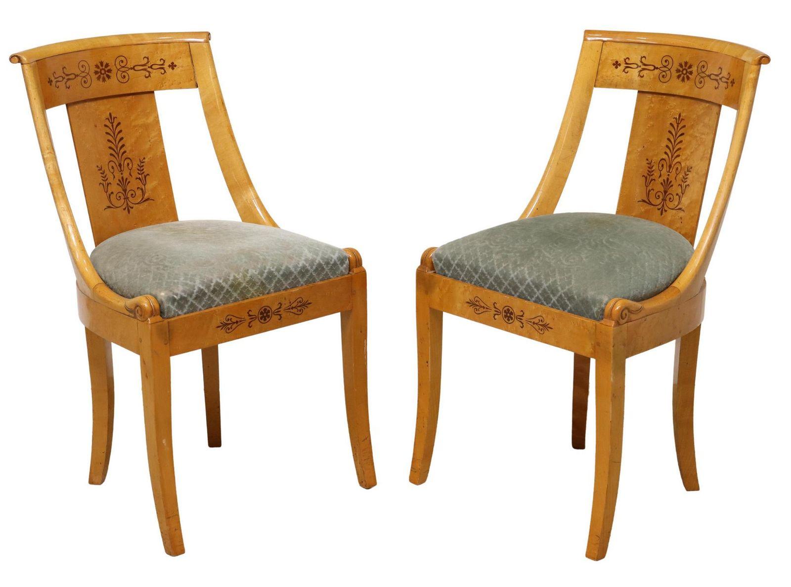 Vintage French Empire style Birdseye maple (reminiscent and very similar to Burl wood) side chairs, late 20th c. Chairs feature a curved top rail, center splat with marquetry inlay, slip seat, on saber legs.

Dimensions
approx 32
