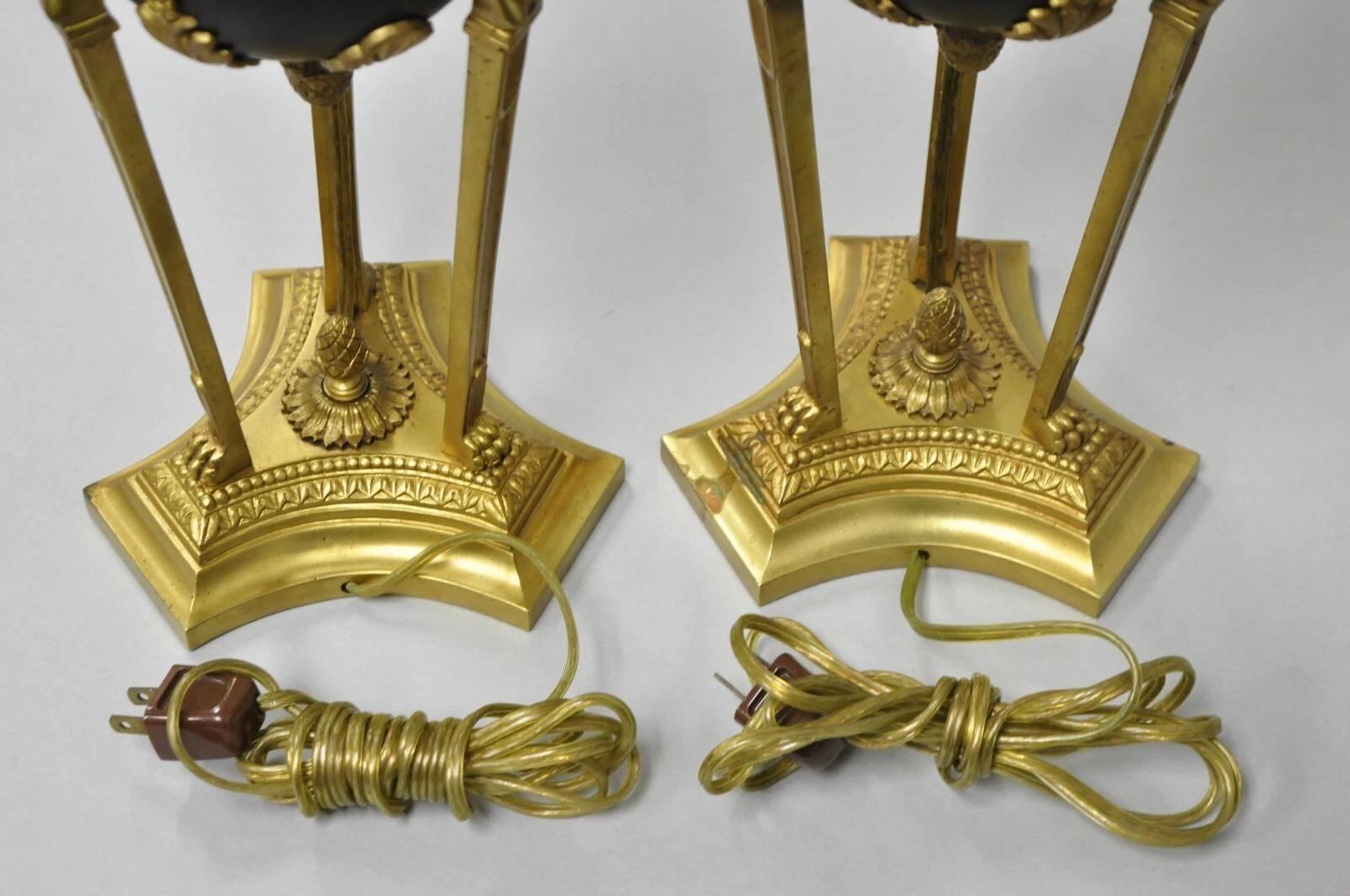 Vintage French Empire Style Figural Woman Black & Gold Brass Table Lamps - Pair For Sale 3