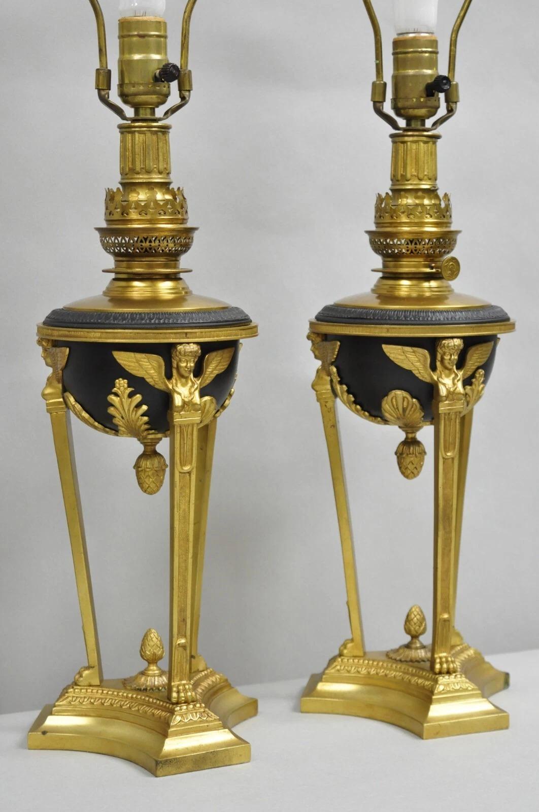Vintage French Empire Style Figural Woman Black & Gold Brass Table Lamps - Pair For Sale 5