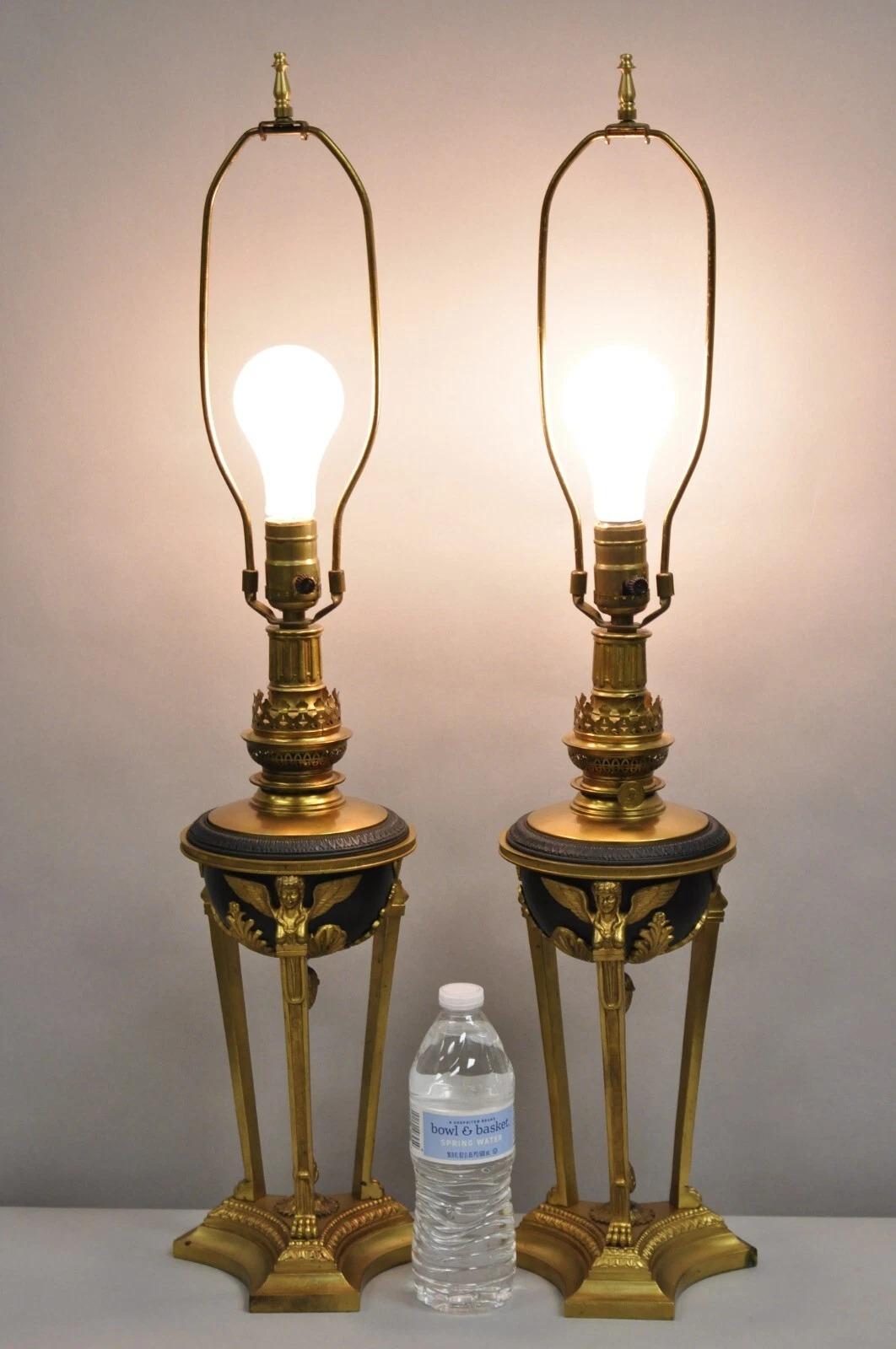 Vintage French Empire Style Figural Winged Woman Black & Gold Brass Metal Table Lamps - a Pair. Circa Mid 20th Century. Measurements: 30