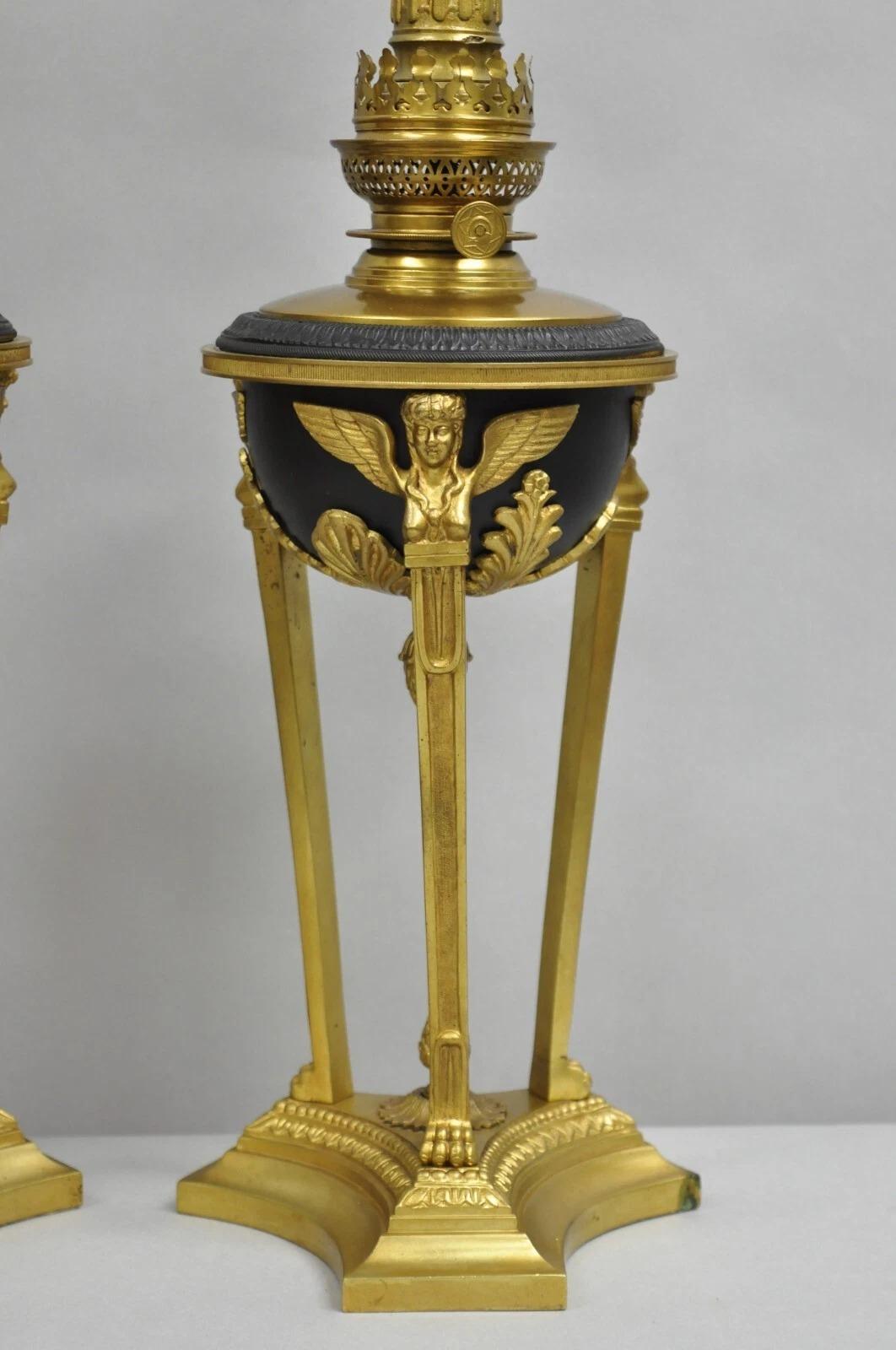 Aesthetic Movement Vintage French Empire Style Figural Woman Black & Gold Brass Table Lamps - Pair For Sale