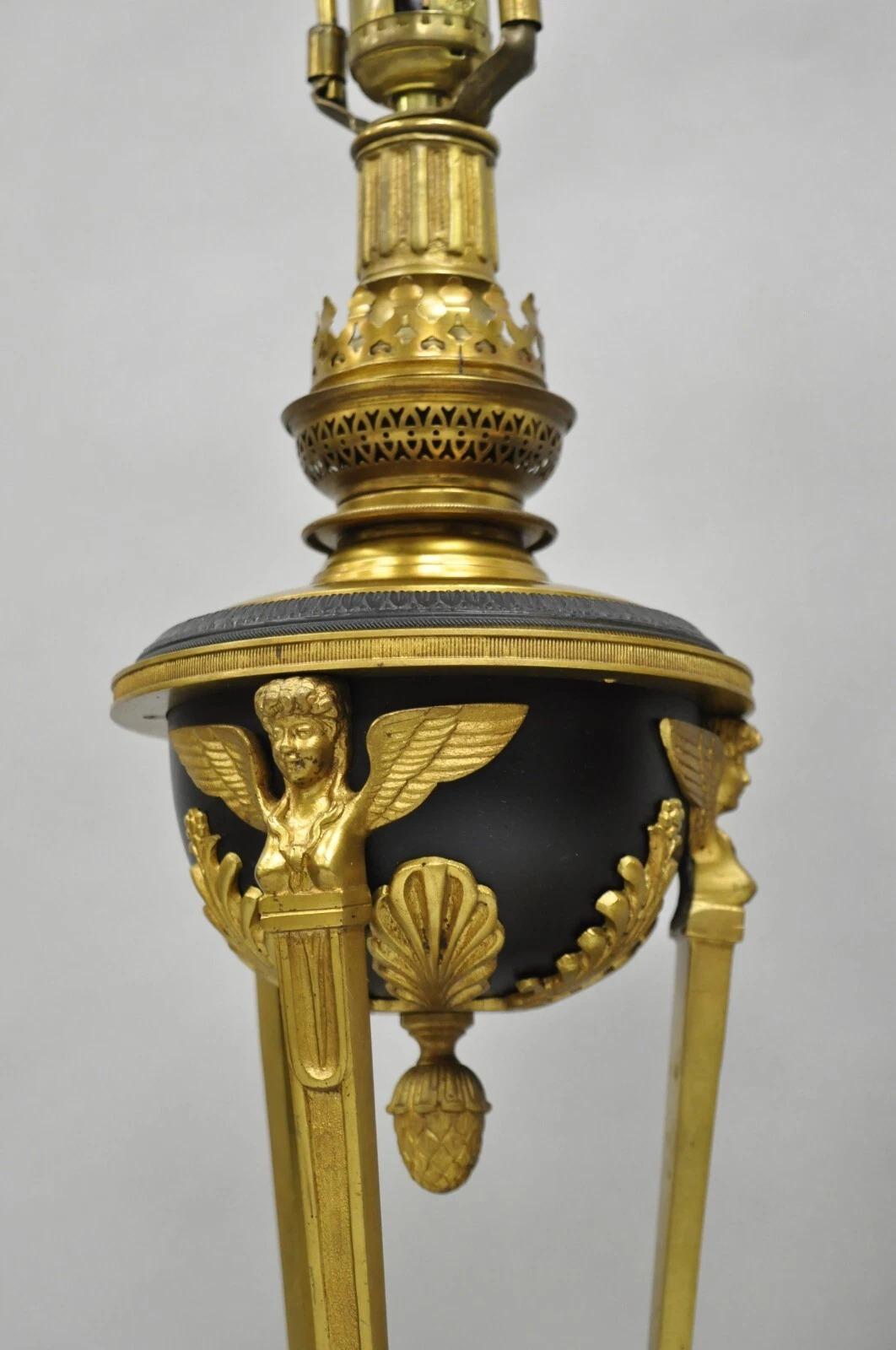 Metal Vintage French Empire Style Figural Woman Black & Gold Brass Table Lamps - Pair For Sale