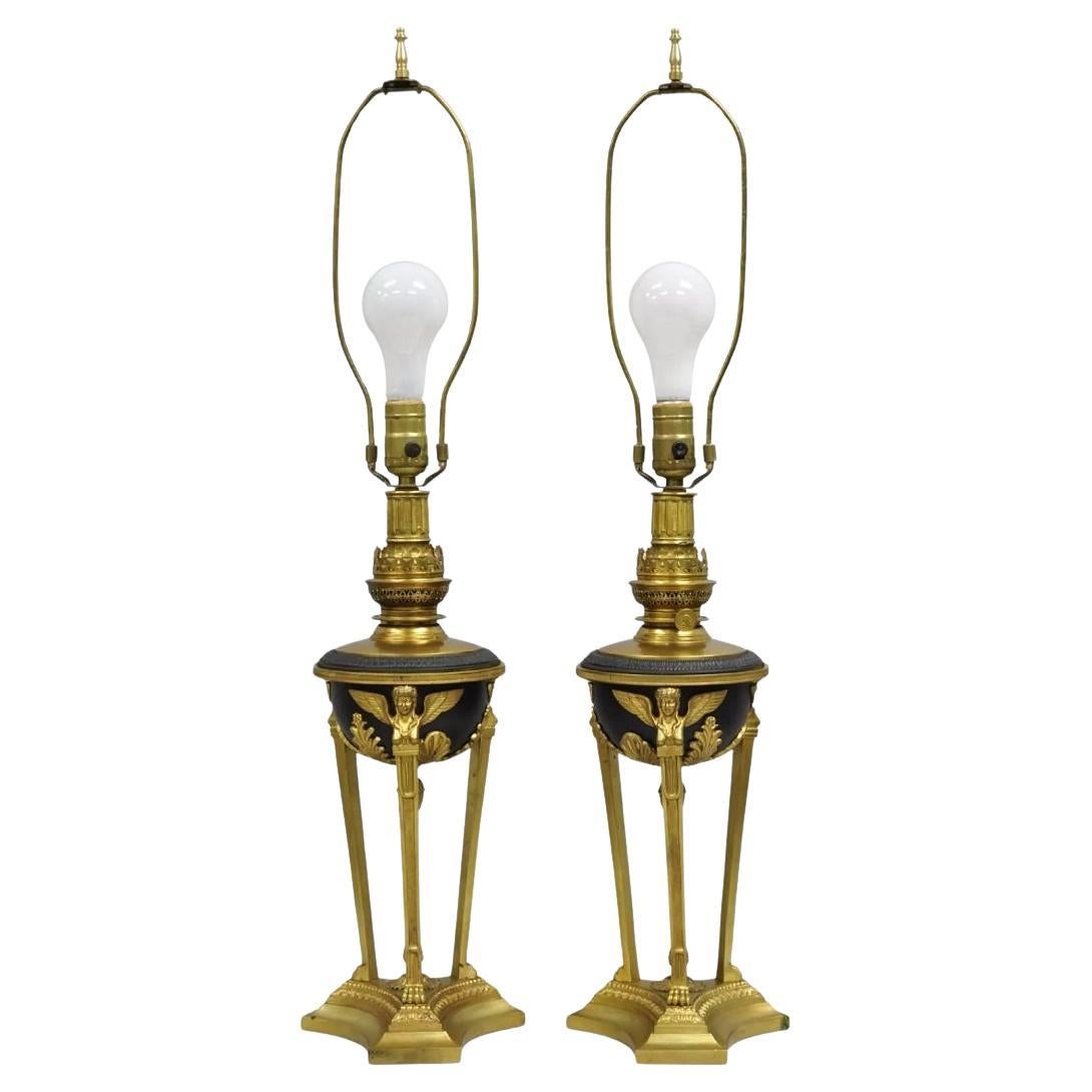 Vintage French Empire Style Figural Woman Black & Gold Brass Table Lamps - Pair For Sale