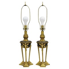 Vintage French Empire Style Figural Woman Black & Gold Brass Table Lamps - Pair