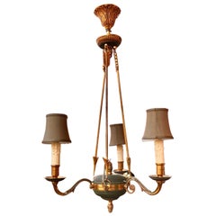 Vintage French Empire Style Gilt Brass Three Light Chandelier