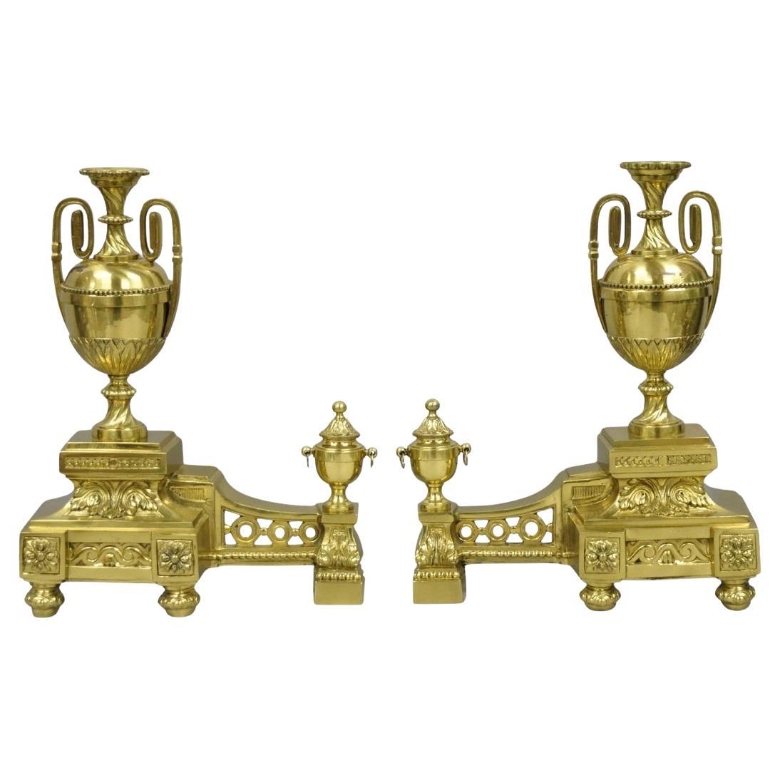 Vintage French Empire Style Gold Brass Urn Fireplace Chenet Andirons - a Pair