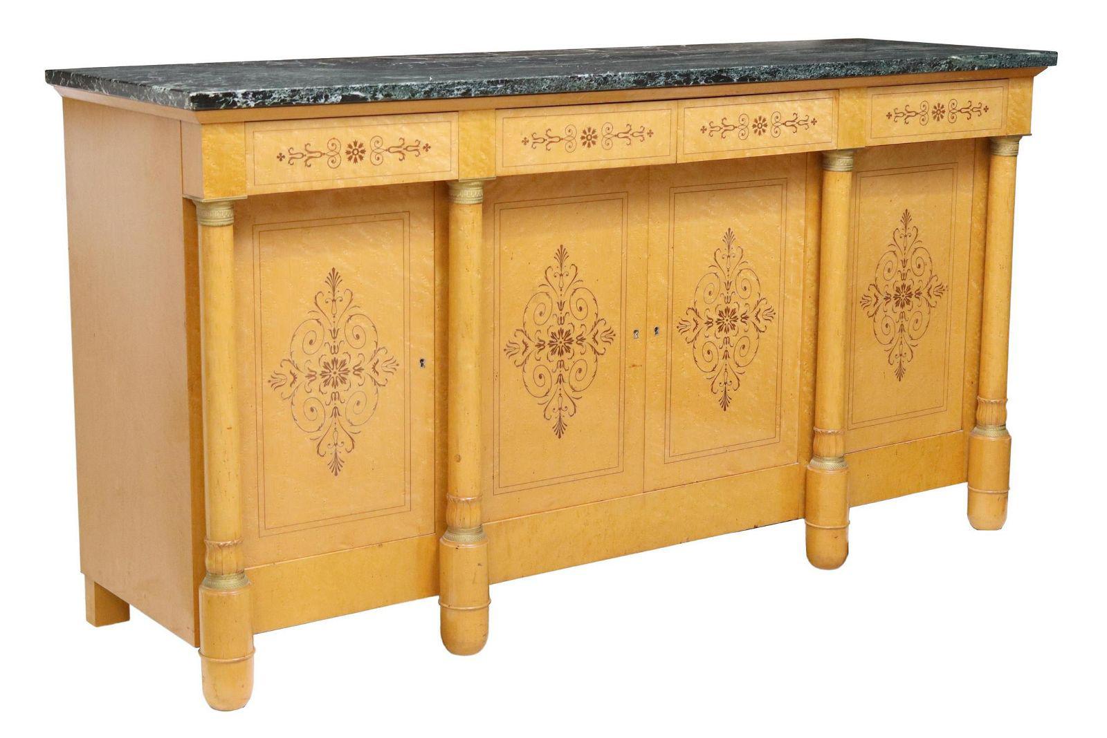 Empire Revival Vintage French Empire Style Green Marble-Top Birdseye Maple Sideboard For Sale