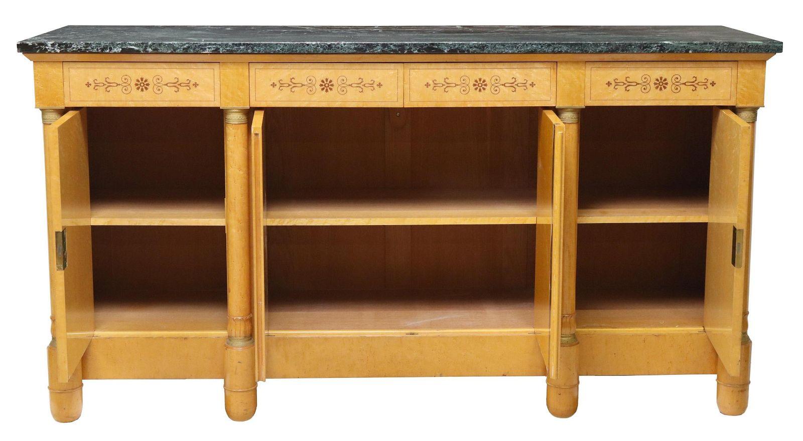 Hand-Crafted Vintage French Empire Style Green Marble-Top Birdseye Maple Sideboard For Sale