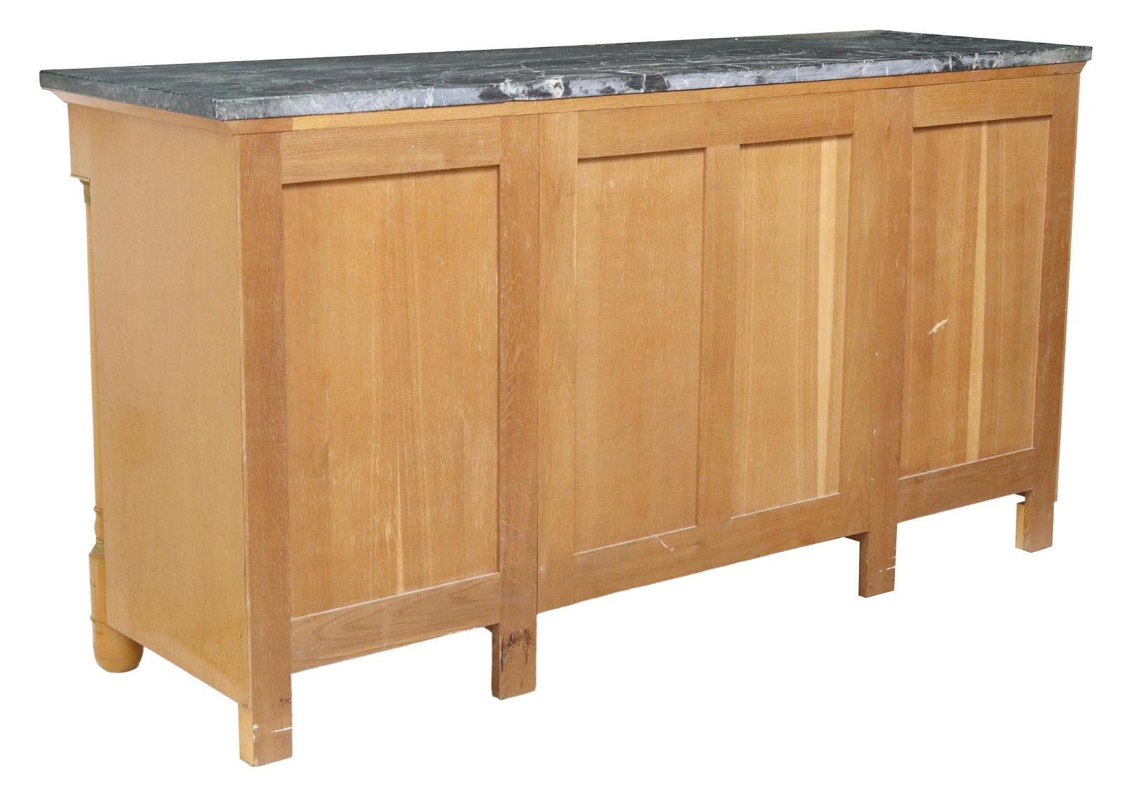 20th Century Vintage French Empire Style Green Marble-Top Birdseye Maple Sideboard For Sale