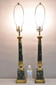 Vintage French Empire Style Green Painted Porcelain Column Table Lamps - a Pair