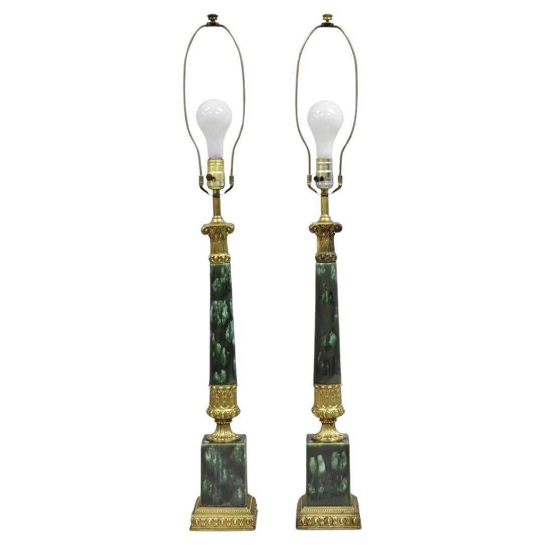 Vintage French Empire Style Green Painted Porcelain Column Table Lamps - a Pair