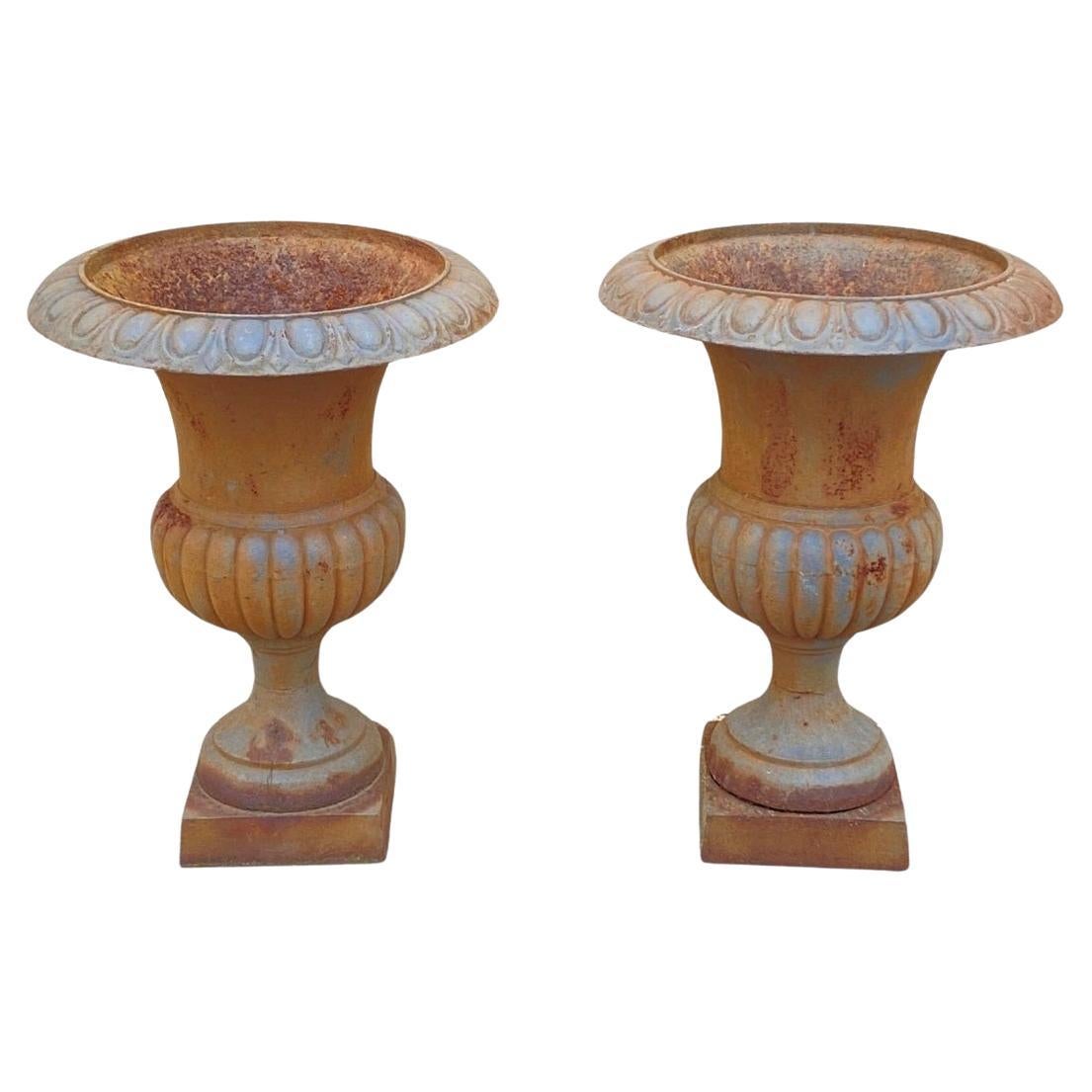 Vintage French Empire Style Large 30" Cast Iron Urn Form Garden Planters - Pair