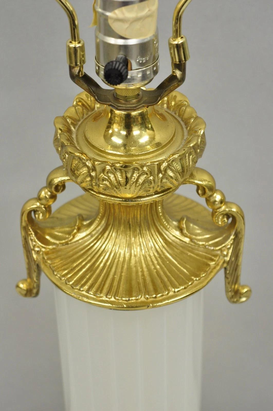 Inconnu Vintage French Empire Style Ribbed Glass Column Gold Table Lamp Made in Poland en vente