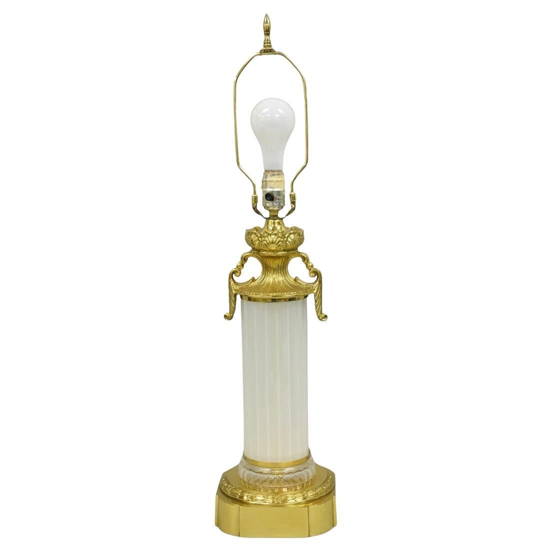 Vintage French Empire Style Ribbed Glass Column Gold Table Lamp Made in Poland en vente