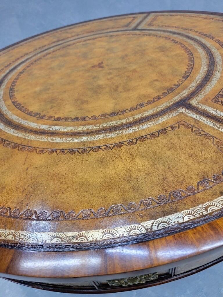 British Vintage French Empire Style Tooled Leather Top Mahogany Table by Maitland Smith For Sale