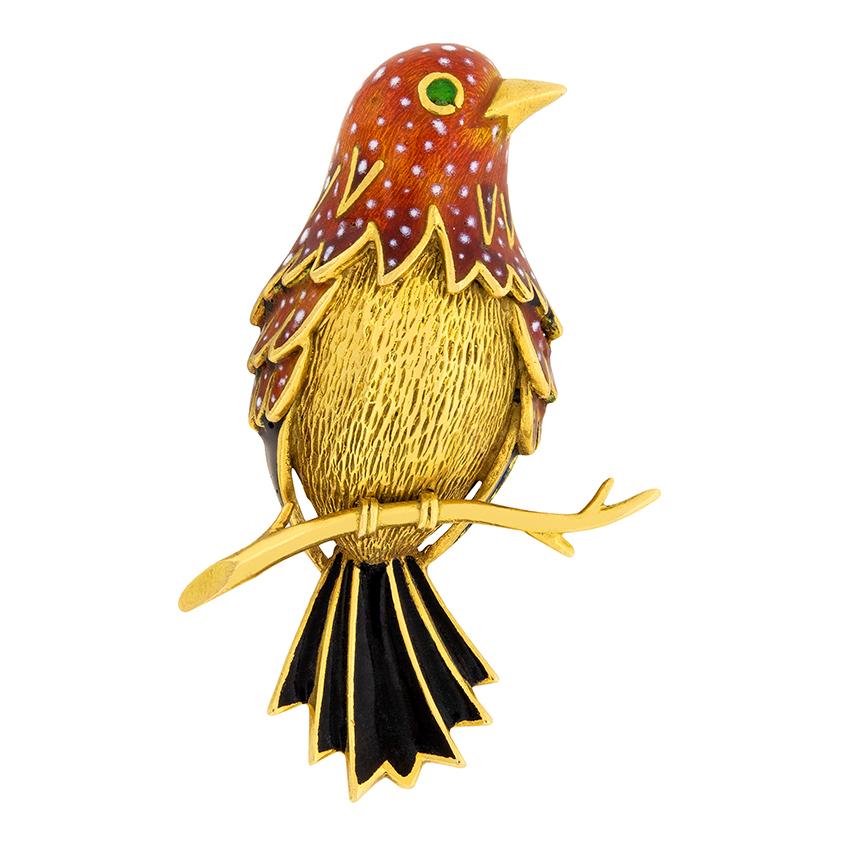 Art Deco Vintage French Enamel and Emerald Bird Brooch, c.1940s For Sale