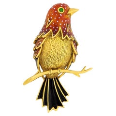 Vintage French Enamel and Emerald Bird Brooch, c.1940s